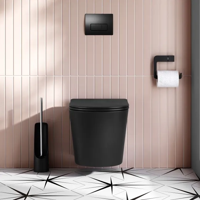 Boston Matt Black Rimless Wall Hung Toilet With Premium Soft Close Seat