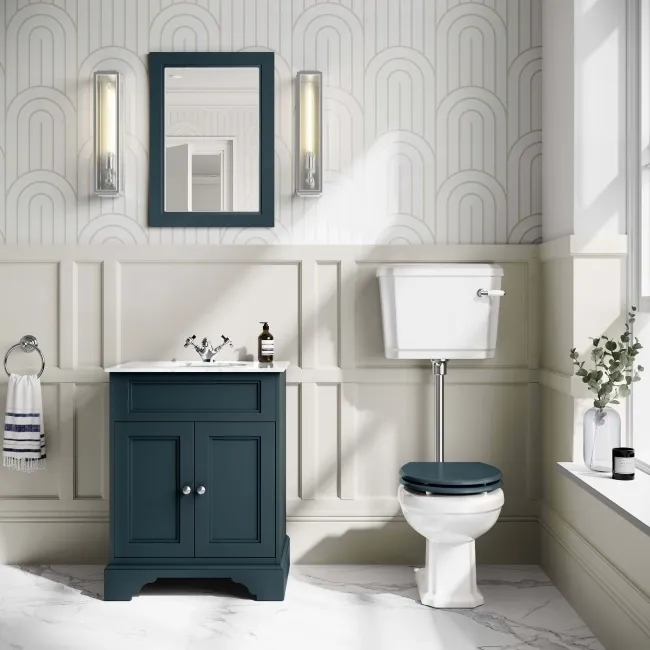 Hudson Traditional Toilet With Low-Level Cistern and Inky Blue Wooden Seat