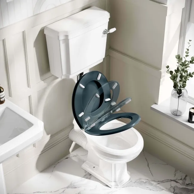 Hudson Traditional Low-Level Toilet With Inky Blue Seat & Pedestal Basin - Double Tap Hole