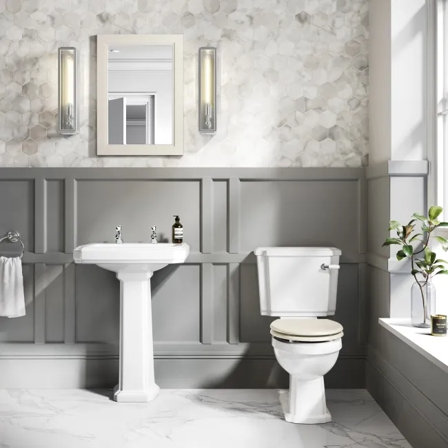 Hudson Traditional Toilet With Chalk White Seat & Pedestal Basin Set - Double Tap Hole