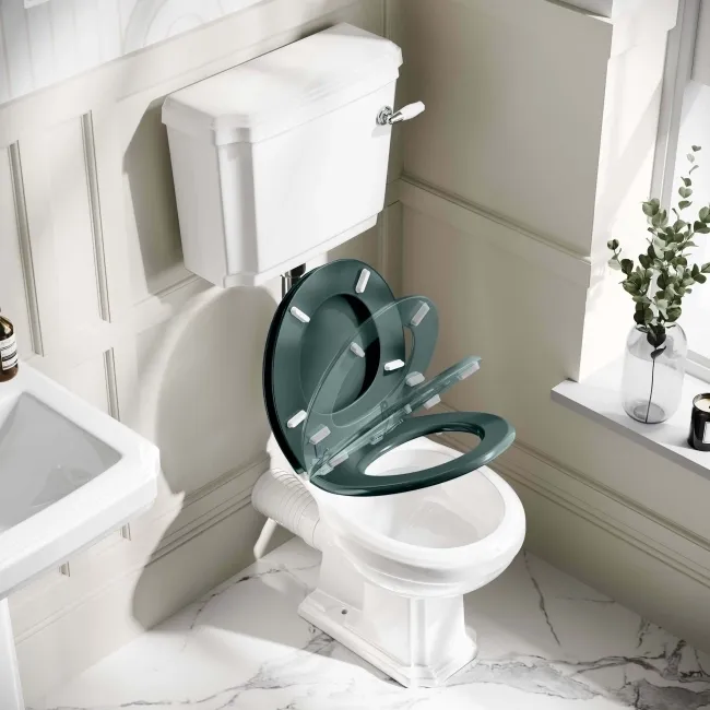 Hudson Traditional Low-Level Toilet With Midnight Green Seat & Pedestal Basin - Single Tap Hole