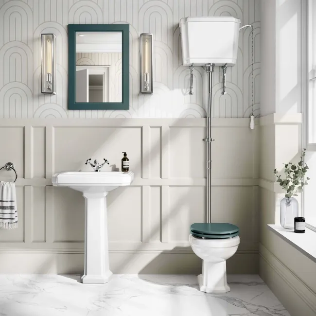 Hudson Traditional High-Level Toilet With Midnight Green Seat & Pedestal Basin - Single Tap Hole