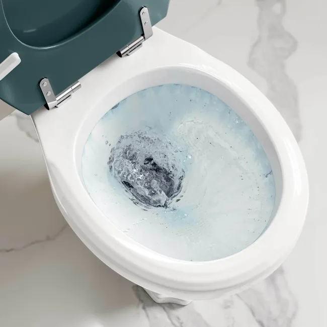 Hudson Traditional Low-Level Toilet With Midnight Green Seat & Pedestal Basin - Double Tap Hole