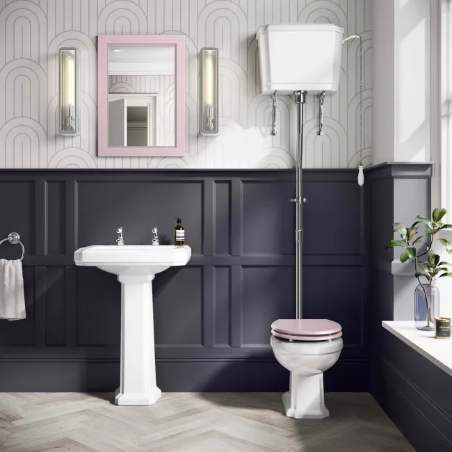 Hudson Traditional High-Level Toilet With Cashmere Pink Seat & Pedestal Basin - Double Tap Hole