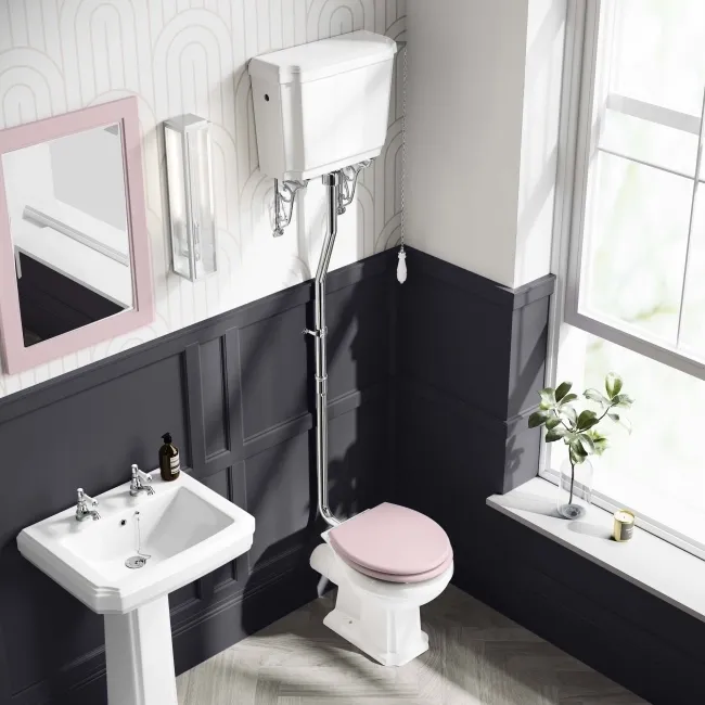 Hudson Traditional High-Level Toilet With Cashmere Pink Seat & Pedestal Basin - Double Tap Hole