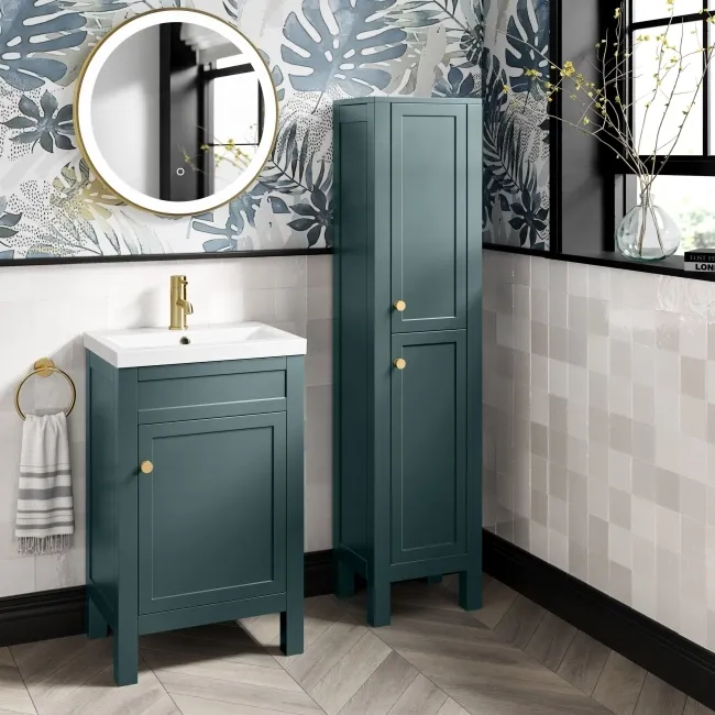 Bermuda Midnight Green Floor Standing Tall Cabinet 1500x350mm - Brushed Brass Accents