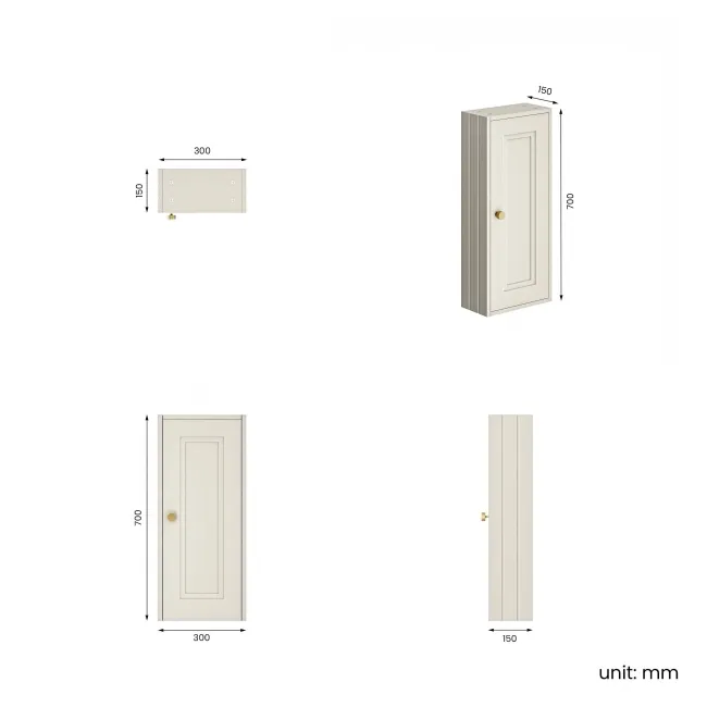 Chalk White Wall Hung Cabinet 700x300mm - Brushed Brass Accents
