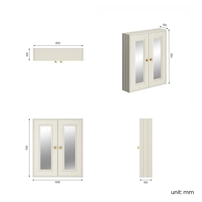 Chalk White Wall Hung Mirror Cabinet 700x600mm - Brushed Brass Accents