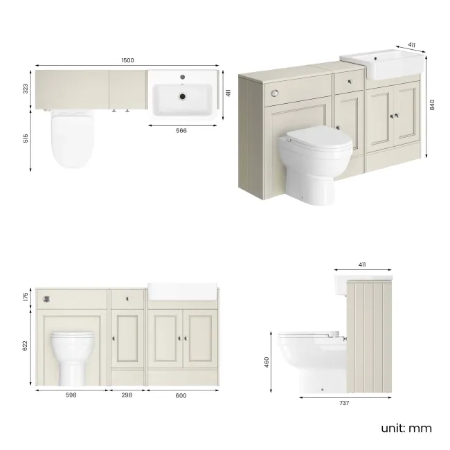 Monaco Chalk White Combination Vanity Basin and Seattle Toilet 1500mm