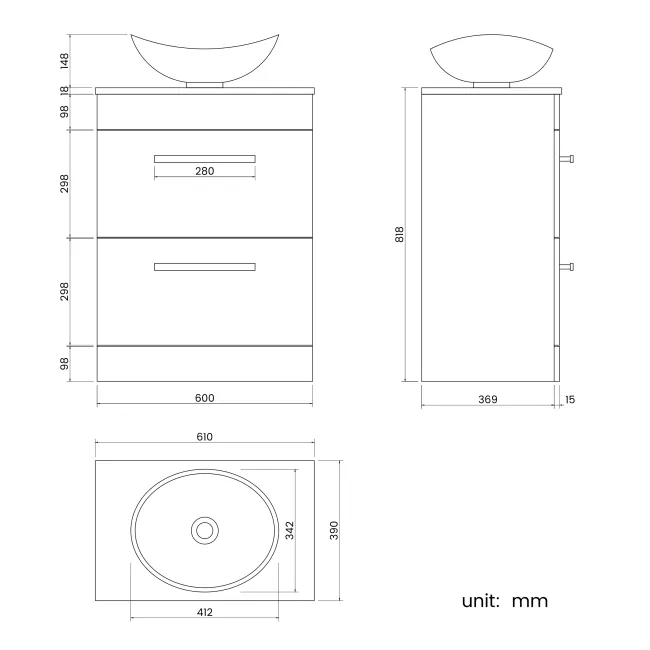 Avon Gloss White Vanity Drawer with Oval Counter Top Basin 600mm