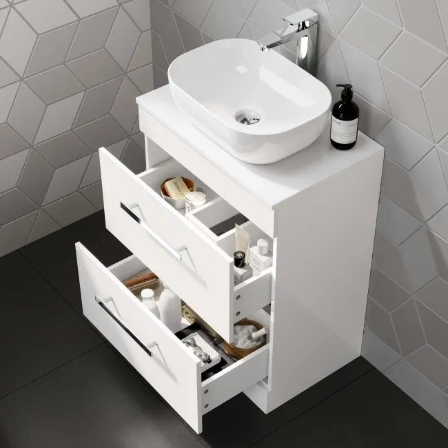 Avon Gloss White Vanity Drawer with Curved Counter Top Basin 600mm