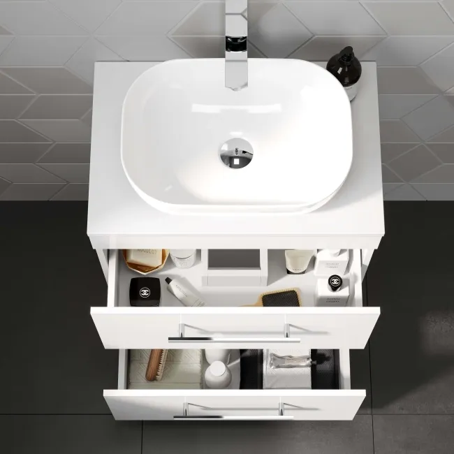 Avon Gloss White Vanity Drawer with Curved Counter Top Basin 600mm