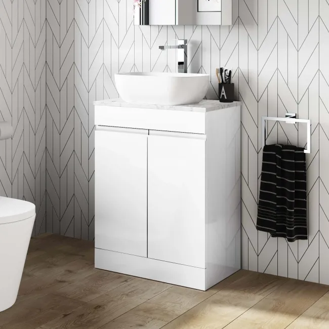 Trent Gloss White Vanity with Marble Top & Curved Counter Top Basin 600mm