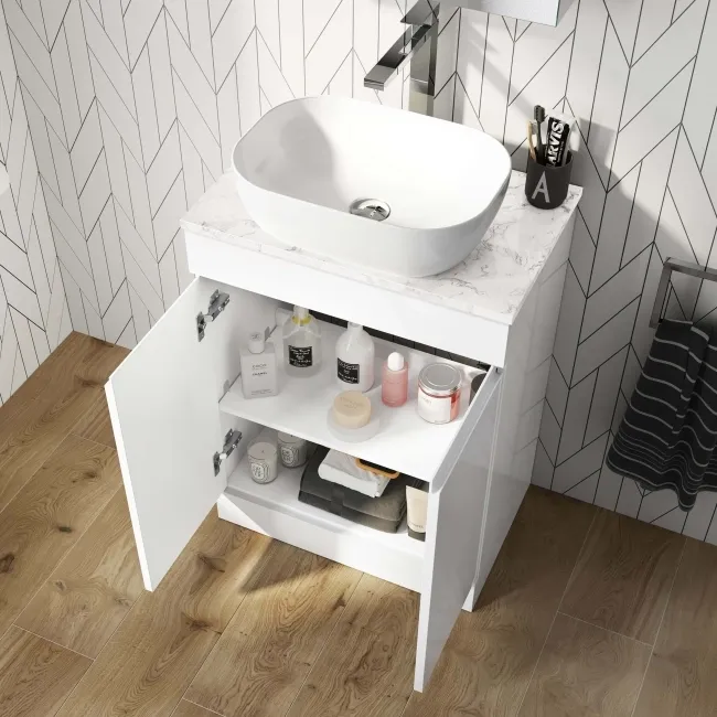 Trent Gloss White Vanity with Marble Top & Curved Counter Top Basin 600mm