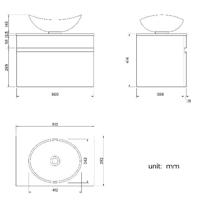 Trent Gloss White Wall Hung Drawer Vanity with Marble Top & Oval Counter Top Basin 600mm