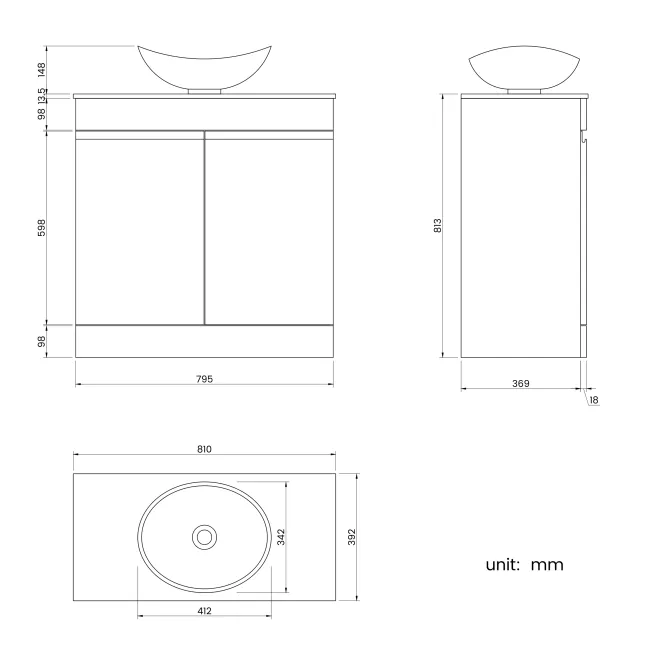 Trent Gloss White Vanity with Marble Top & Oval Counter Top Basin 800mm
