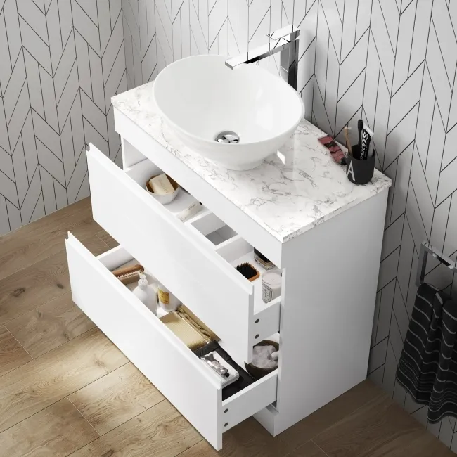Trent Gloss White Vanity Drawer with Marble Top & Oval Counter Top Basin 800mm