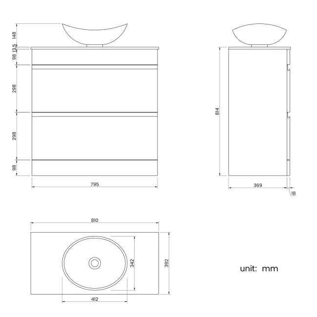 Trent Gloss White Vanity Drawer with Marble Top & Oval Counter Top Basin 800mm