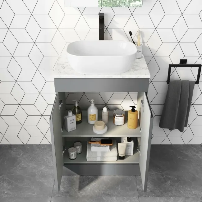 Trent Stone Grey Vanity with Marble Top & Curved Counter Top Basin 600mm