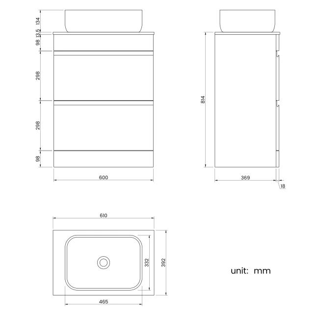 Trent Stone Grey Vanity Drawer with Marble Top & Curved Counter Top Basin 600mm