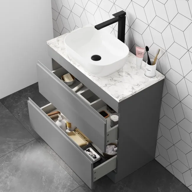 Trent Stone Grey Vanity Drawer with Marble Top & Curved Counter Top Basin 800mm