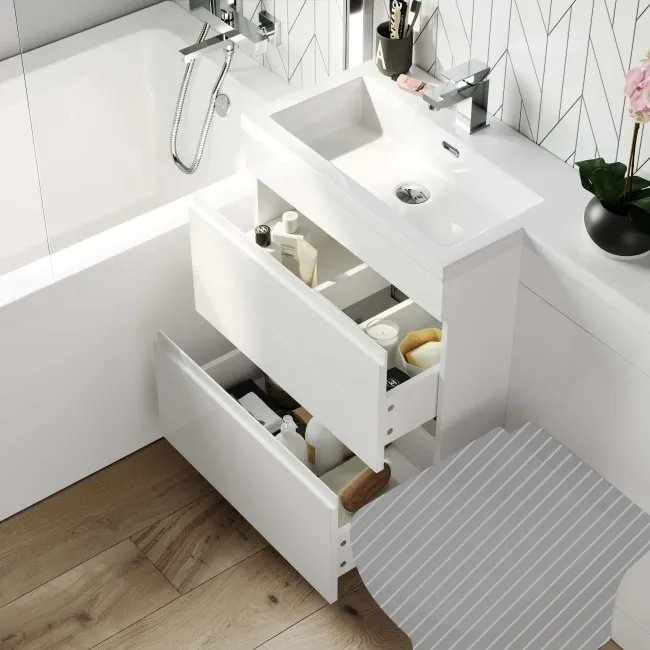 Trent Gloss White Basin Vanity Drawer and Back To Wall Unit 1100mm - Left Handed