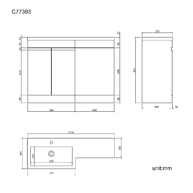 Trent Stone Grey Basin Vanity and Back To Wall Unit 1100mm - Left Handed
