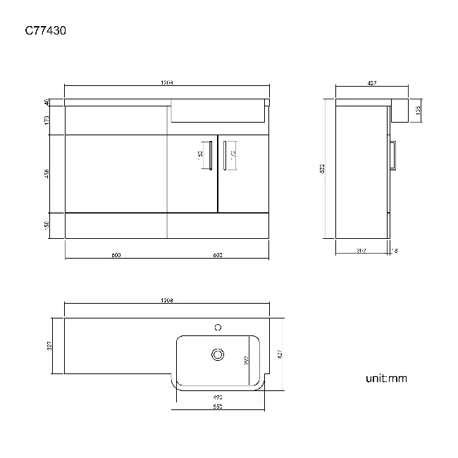 Harper Stone Grey Basin Vanity and Back To Wall Toilet Unit 1200mm - Right Handed