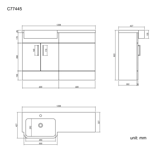 Harper Charcoal Elm Basin Vanity and Back To Wall Toilet Unit 1200mm - Left Handed