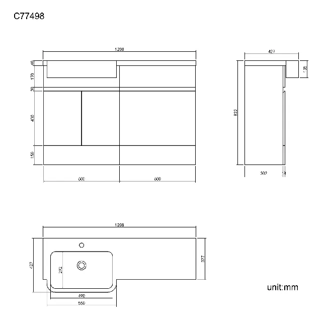 Foster Gloss White Basin Vanity With Back To Wall Unit 1200mm - Left Handed