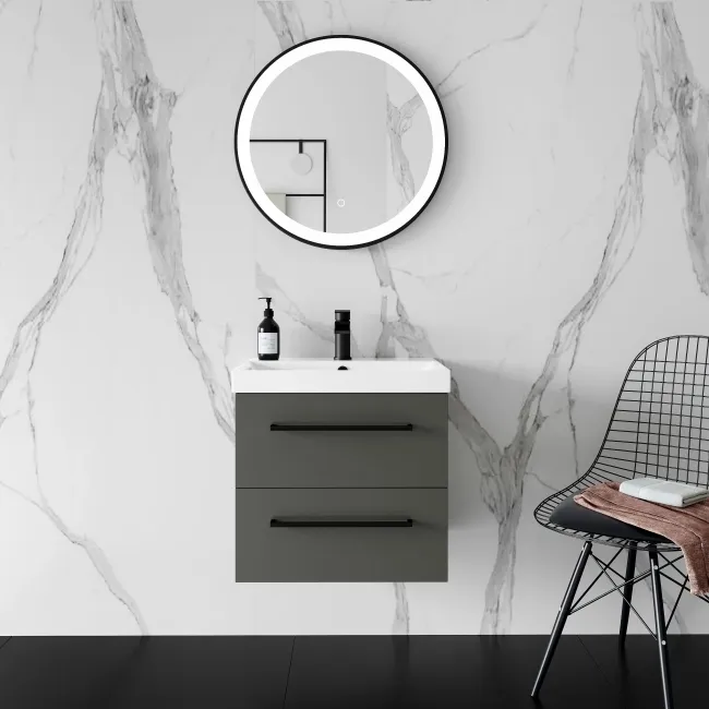 Elba Graphite Grey Wall Hung Basin Drawer Vanity 500mm - Black Accents