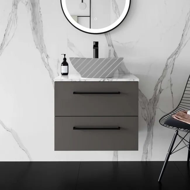 Elba Graphite Grey Wall Hung Drawer 600mm Excludes Counter Top Basin - Black Accents