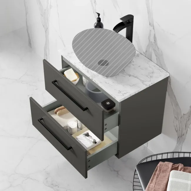 Elba Graphite Grey Wall Hung Drawer 600mm Excludes Counter Top Basin - Black Accents