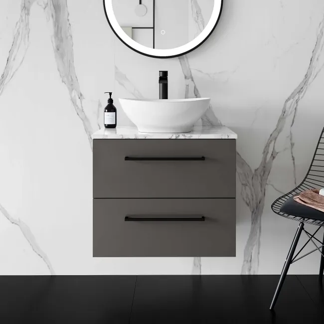 Elba Graphite Grey Wall Hung Drawer Vanity with Marble Top & Oval Counter Top Basin 600mm - Black Accents