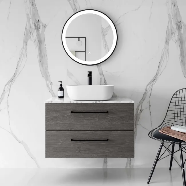 Elba Charcoal Elm Wall Hung Drawer Vanity with Marble Top & Curved Counter Top Basin 800mm - Black Accents