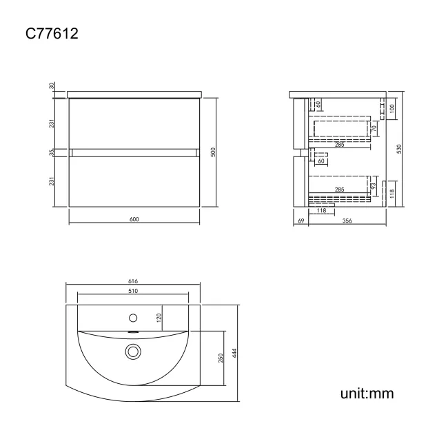 Bali Tungsten Grey Wall Hung Basin Drawer Vanity 600mm