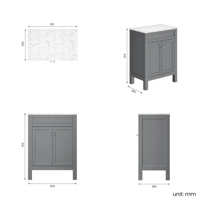 Bermuda Dove Grey Cabinet with Marble Top 600mm - Excludes Counter Top Basin