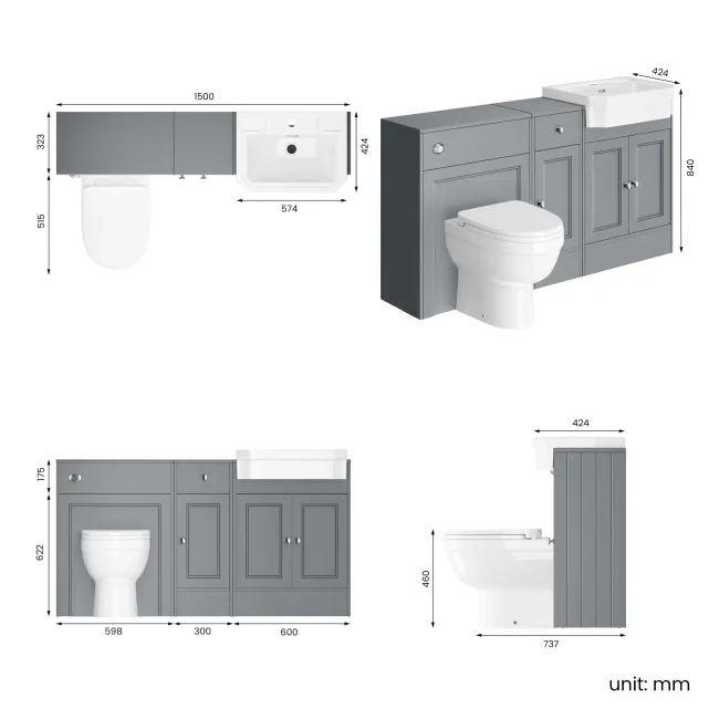 Monaco Dove Grey Combination Vanity Traditional Basin and Seattle Toilet 1500mm