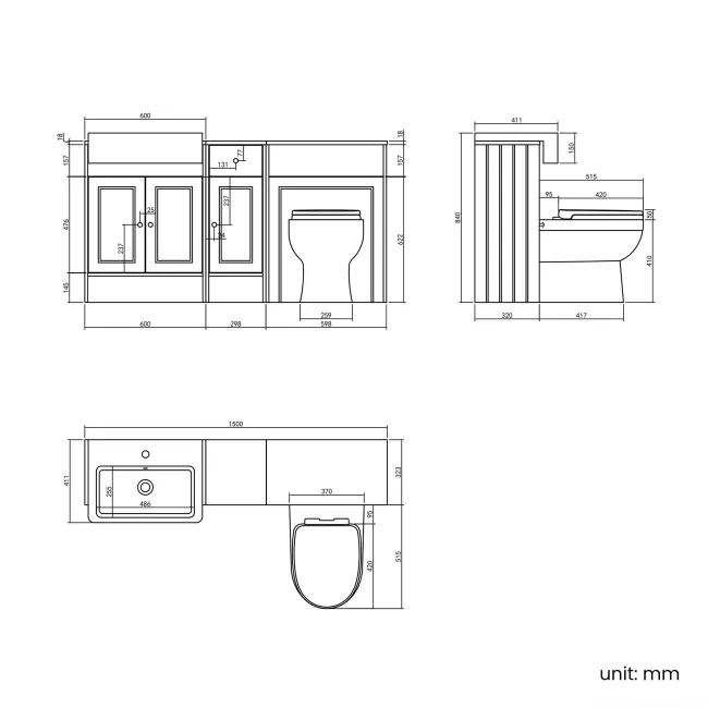 Monaco Graphite Grey Combination Vanity Basin and Seattle Toilet 1500mm