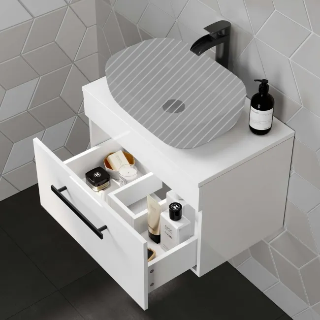 Avon Gloss White Wall Hung Counter Top Vanity 600mm - Black Accents