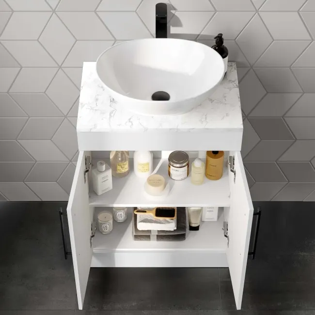 Avon Gloss White Vanity with Marble Top & Oval Counter Top Basin 600mm - Black Accents