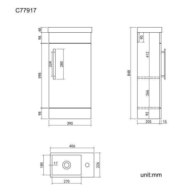 Avon Stone Grey Cloakroom Floor Standing Basin Vanity 400mm - Black Accents