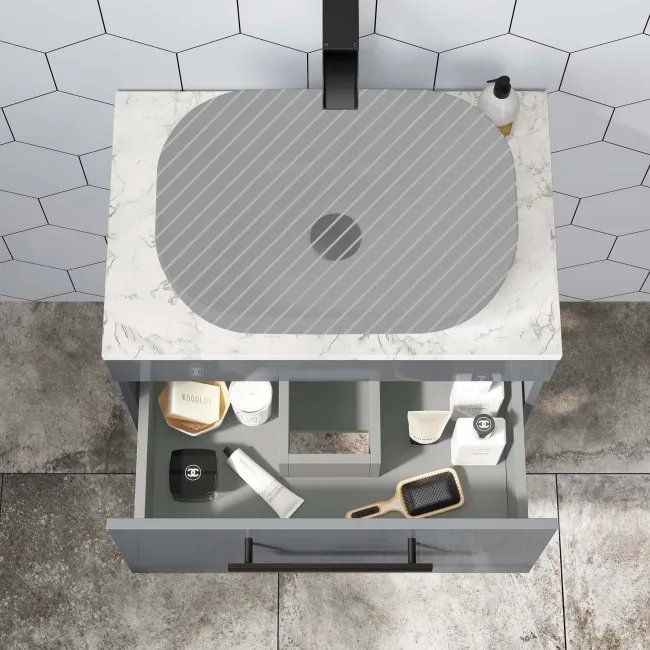 Avon Stone Grey Wall Hung Counter Top Vanity with Marble Top 600mm - Black Accents