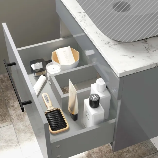 Avon Stone Grey Wall Hung Counter Top Vanity with Marble Top 600mm - Black Accents
