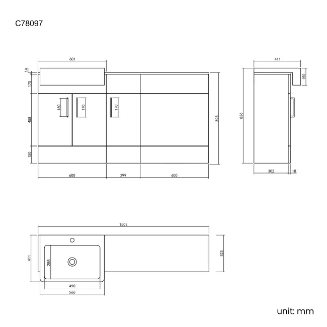 Harper Stone Grey Combination Vanity Basin with Marble Top 1500mm - Black Accents