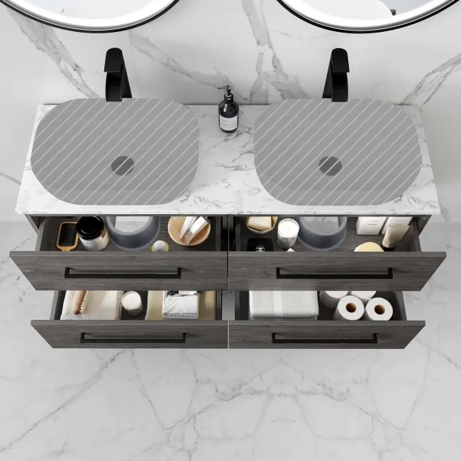 Elba Charcoal Elm Wall Hung Drawer with Marble Top 1200mm Excludes Counter Top Basins - Black Accents