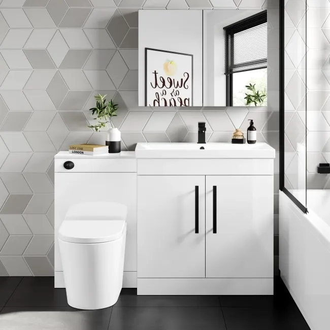 Avon Gloss White Combination Vanity Basin and Boston Toilet 1300mm - Black Accents