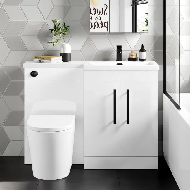 Avon Gloss White Combination Vanity Basin and Boston Toilet 1100mm - Black Accents - Right Handed