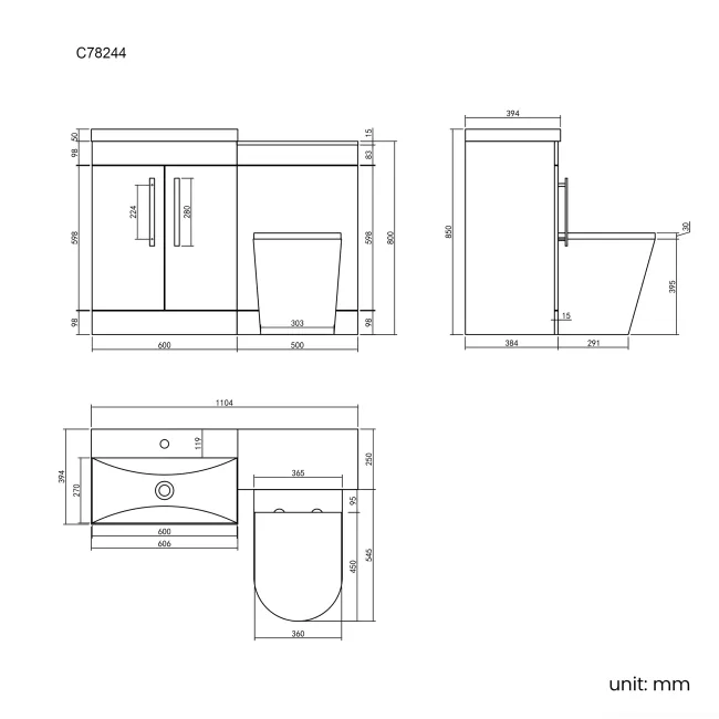 Avon Stone Grey Combination Vanity Basin and Boston Toilet 1100mm - Black Accents