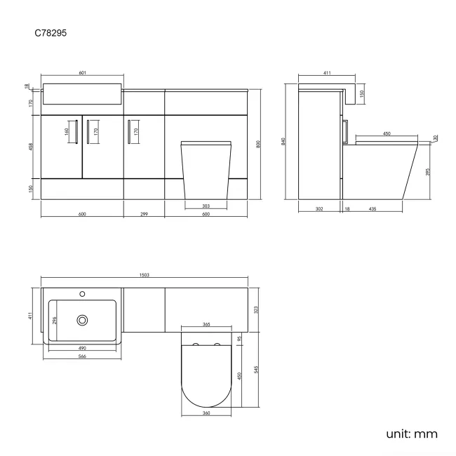 Harper Charcoal Elm Combination Vanity Basin and Boston Toilet 1500mm - Black Accents